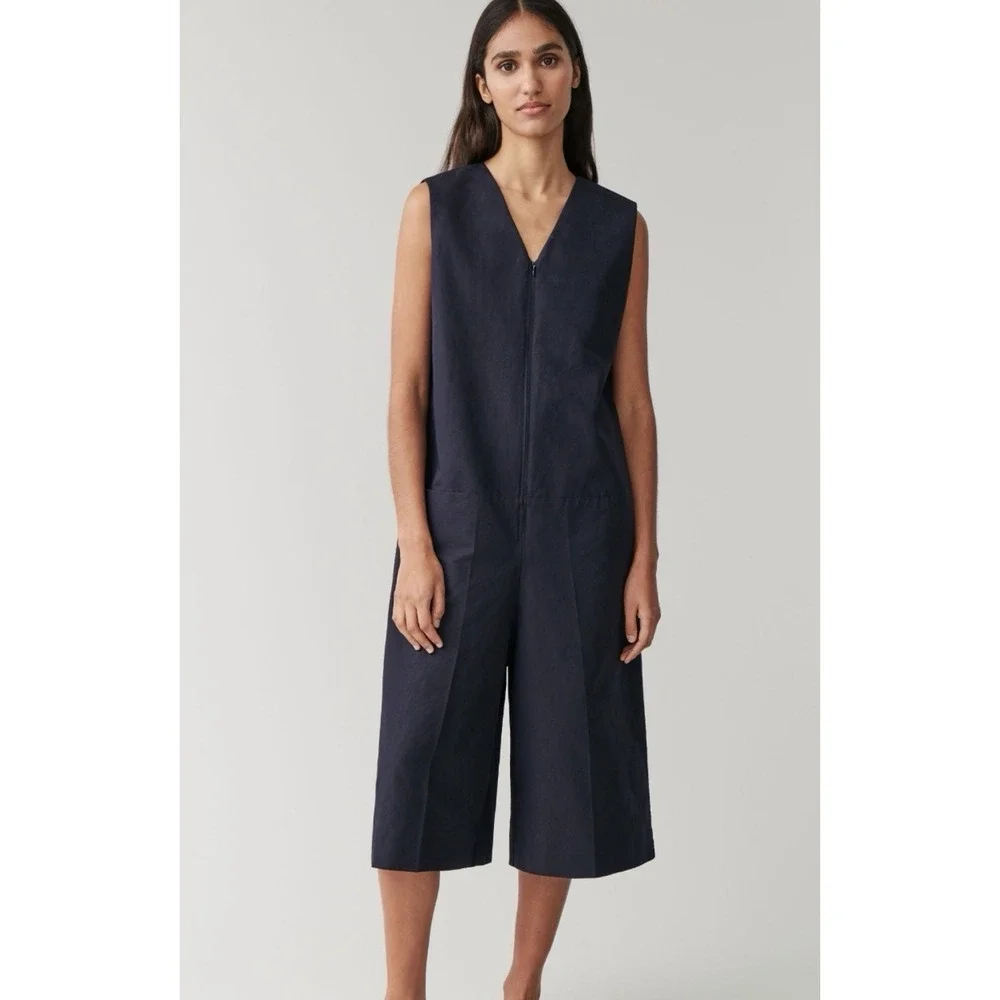 COS Linen Blend Sleeveless Wide Leg Cropped Jumpsuit Navy Minimalist Lagenlook
